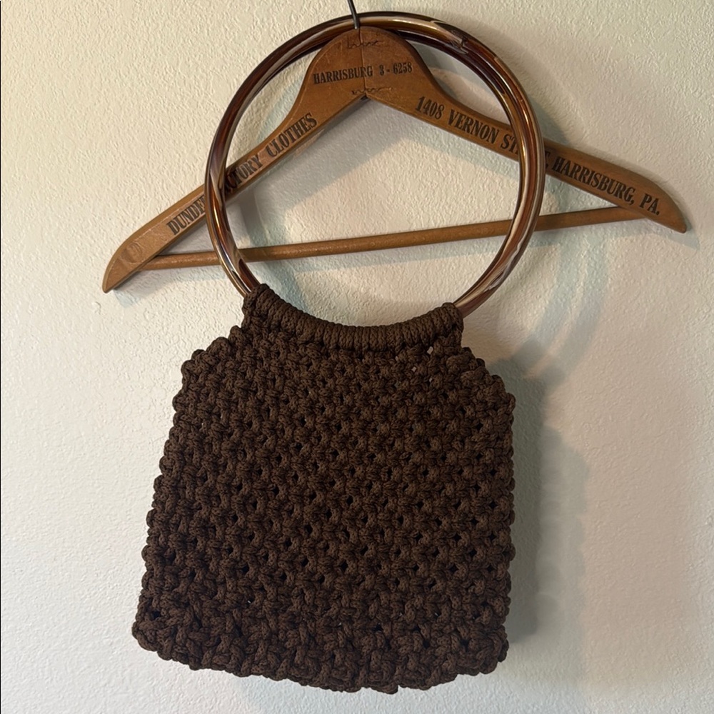 Brown Knitted Handbag with Marbled Acrylic Handles